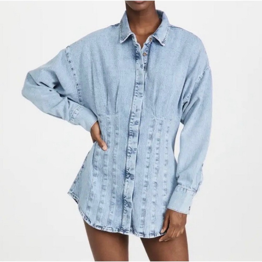 Good American Seamed Long Sleeve Denim Shirtdress Size 4 XL Blue Mini